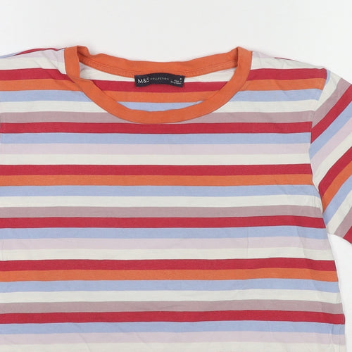 Marks and Spencer Womens Multicoloured Striped Cotton Basic T-Shirt Size 8 Round Neck