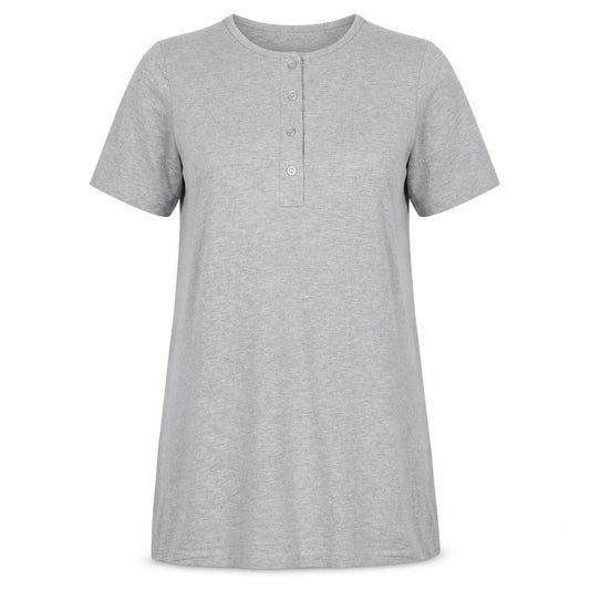 Front view of Boohoo women’s grey polyester t-shirt dress, size UK 12, round neck button