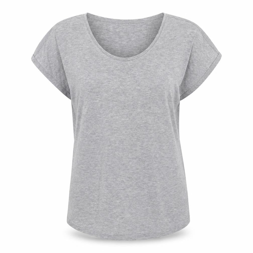 Front view of Betty&Co women’s grey polyester basic t-shirt, size M, scoop neck