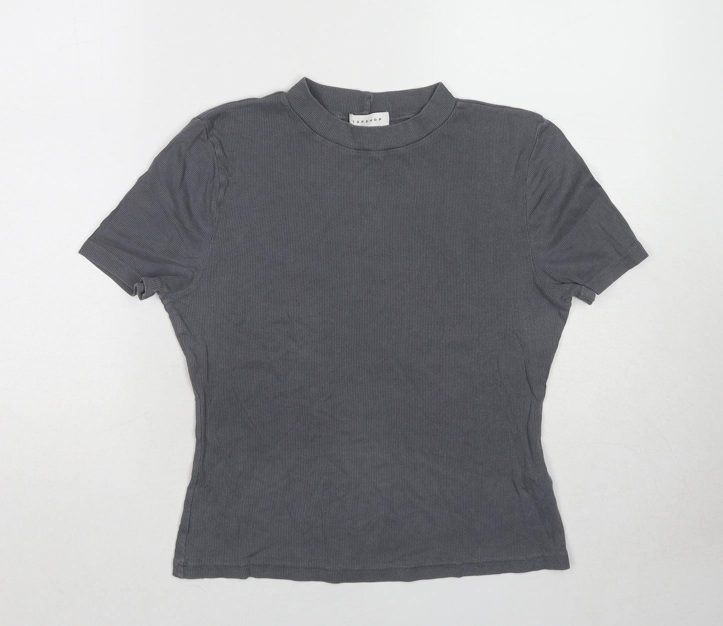 Topshop Womens Grey Cotton Basic T-Shirt Size 12 Mock Neck - Ribbed