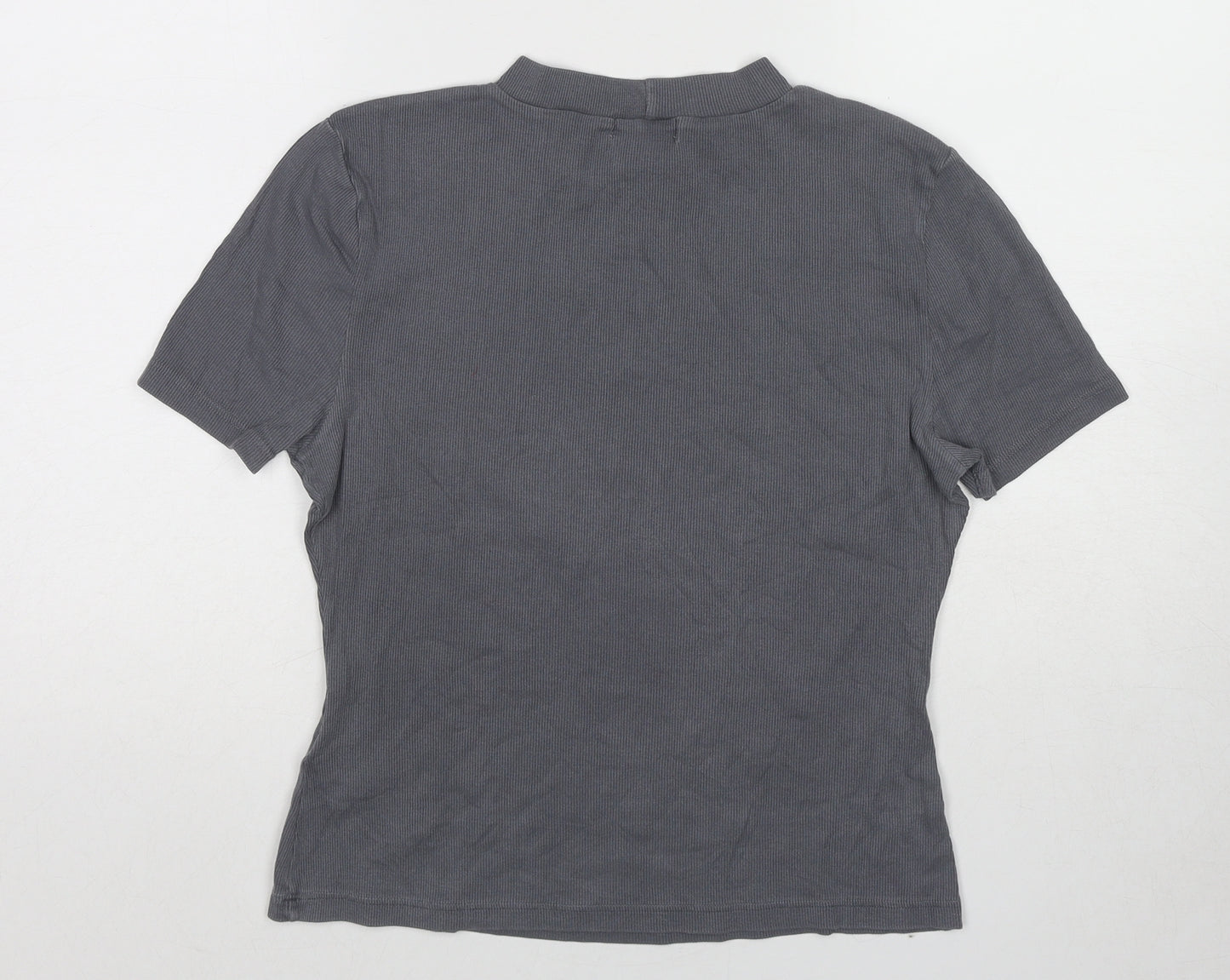 Topshop Womens Grey Cotton Basic T-Shirt Size 12 Mock Neck - Ribbed