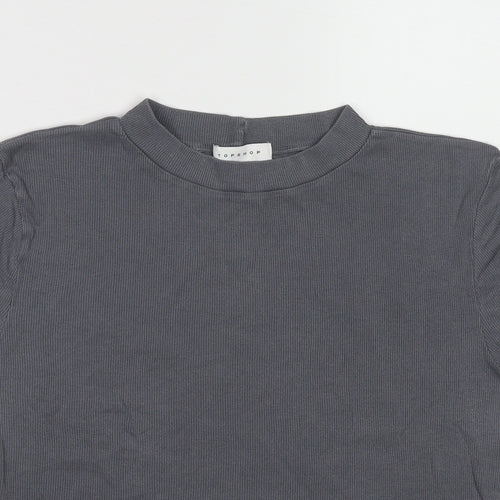 Topshop Womens Grey Cotton Basic T-Shirt Size 12 Mock Neck - Ribbed