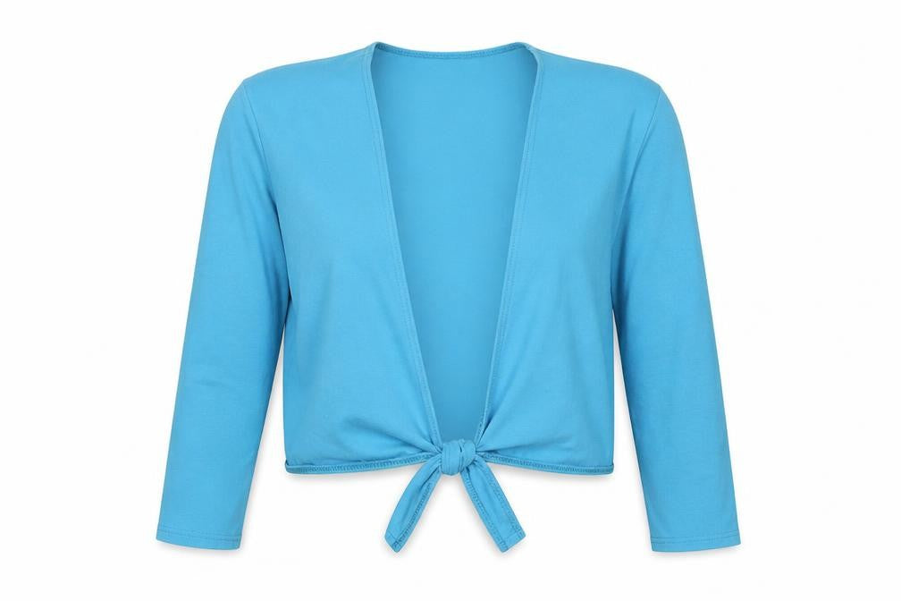 Front view of Roch Valley women’s blue cotton wrap blouse, size UK 8, v-neck