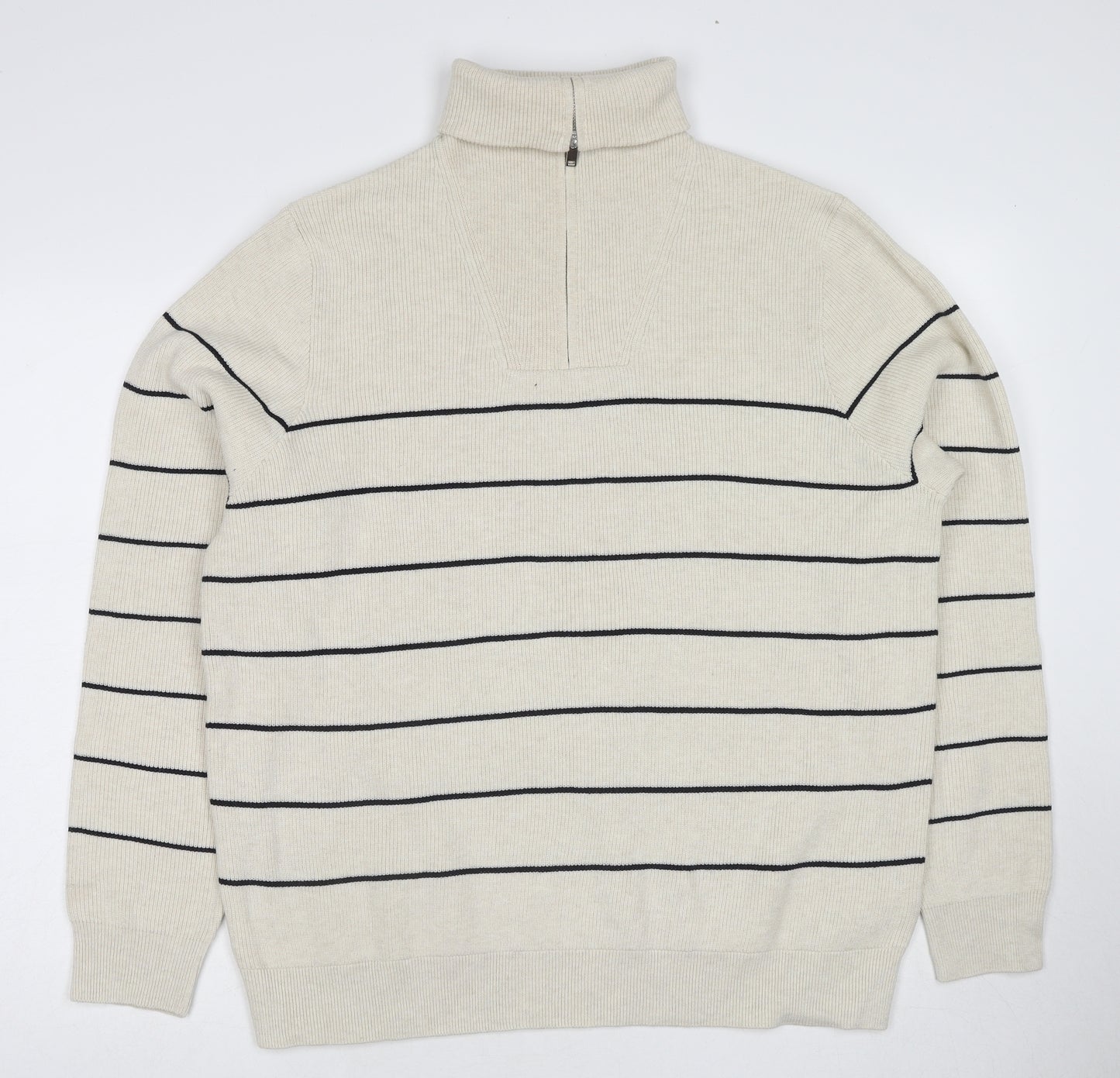 Marks and Spencer Mens Ivory Roll Neck Striped Polyester Henley Jumper Size XL Long Sleeve