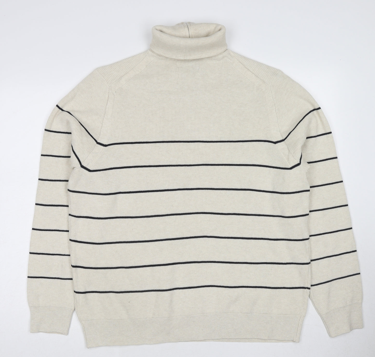 Marks and Spencer Mens Ivory Roll Neck Striped Polyester Henley Jumper Size XL Long Sleeve