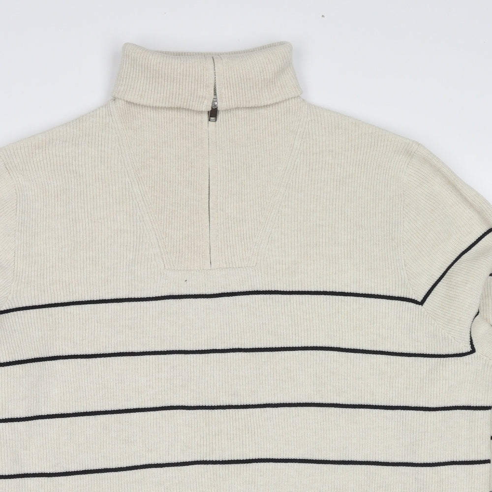 Marks and Spencer Mens Ivory Roll Neck Striped Polyester Henley Jumper Size XL Long Sleeve