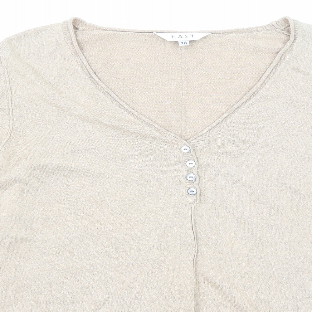 EAST Womens Beige V-Neck Linen Pullover Jumper Size 16