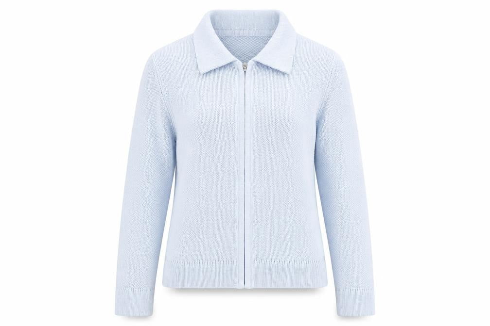 Front view of BHS women’s blue collared acrylic full zip jumper, size UK 10