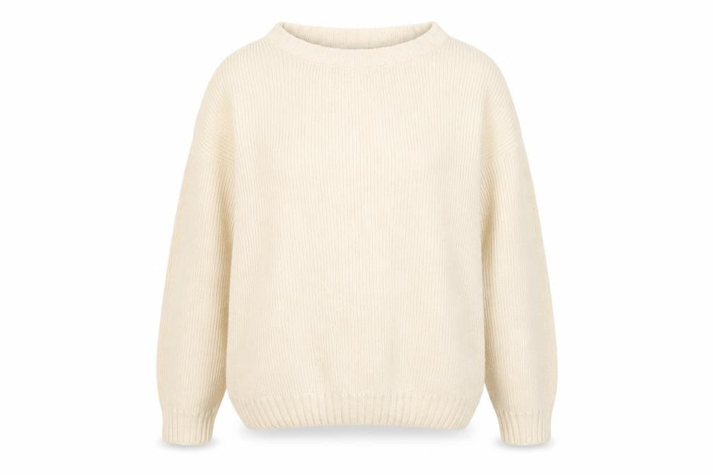 Front view of John P women’s beige round neck acrylic jumper, size S