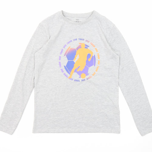 Marks and Spencer Boys Grey Cotton Pullover T-Shirt Size 12-13 Years Crew Neck Pullover - Football