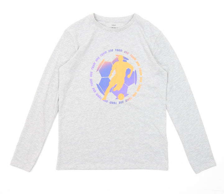 Marks and Spencer Boys Grey Cotton Pullover T-Shirt Size 12-13 Years Crew Neck Pullover - Football