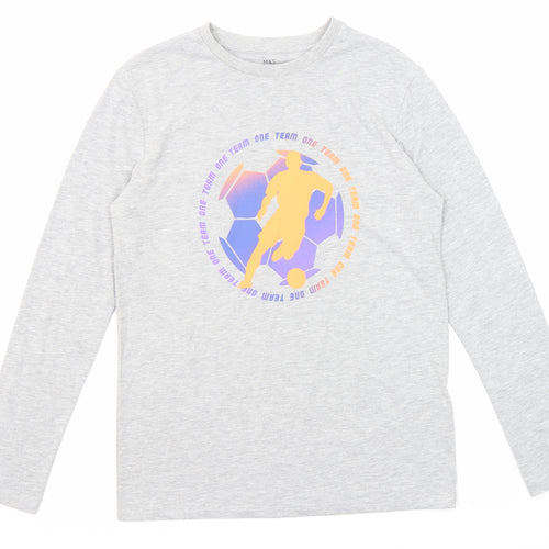 Marks and Spencer Boys Grey Cotton Pullover T-Shirt Size 12-13 Years Crew Neck Pullover - Football
