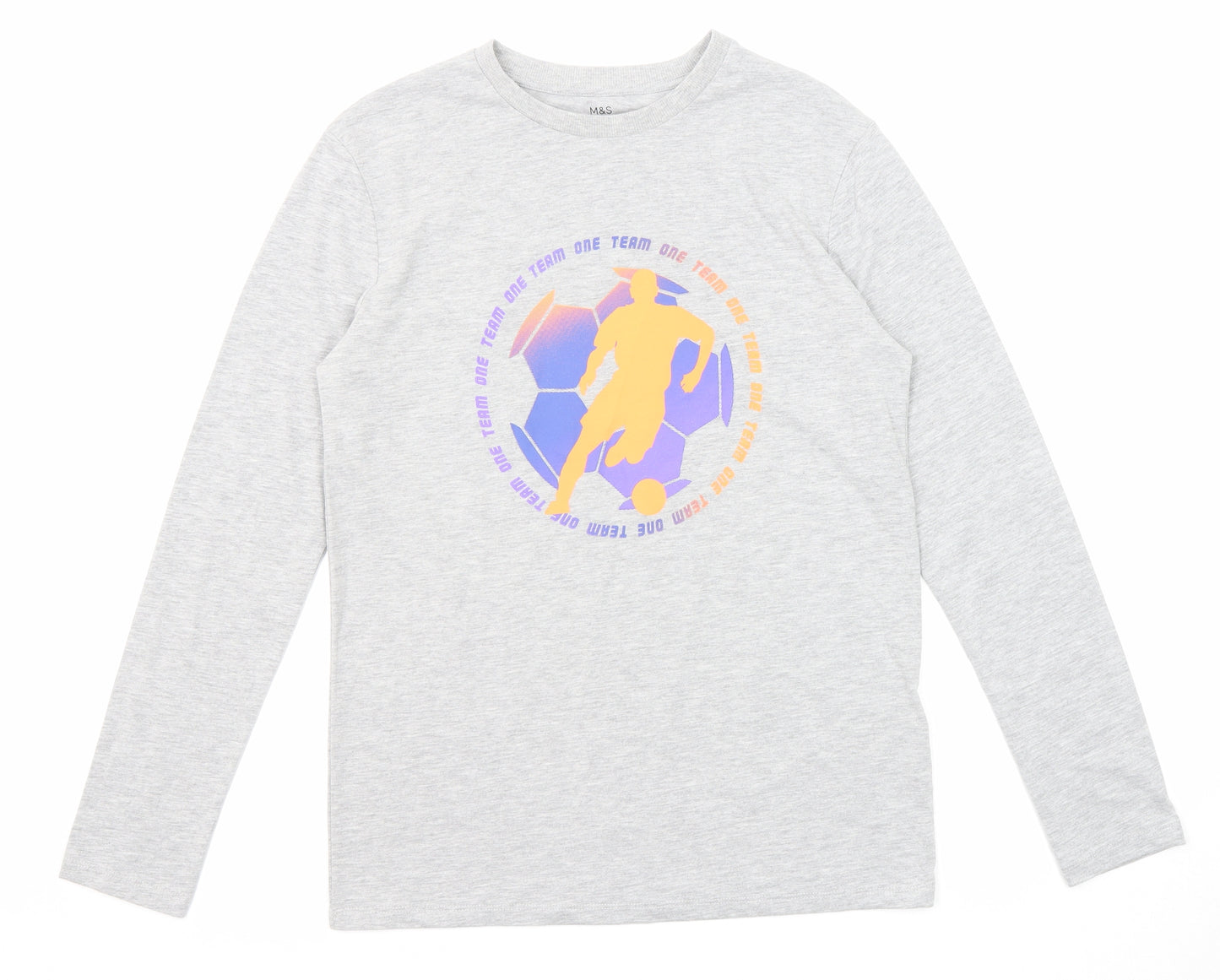 Marks and Spencer Boys Grey Cotton Pullover T-Shirt Size 12-13 Years Crew Neck Pullover - Football