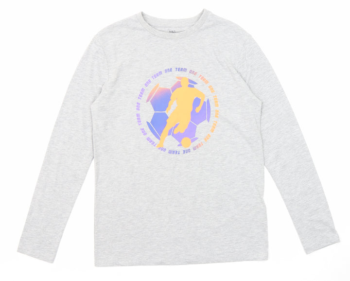 Marks and Spencer Boys Grey Cotton Pullover T-Shirt Size 12-13 Years Crew Neck Pullover - Football