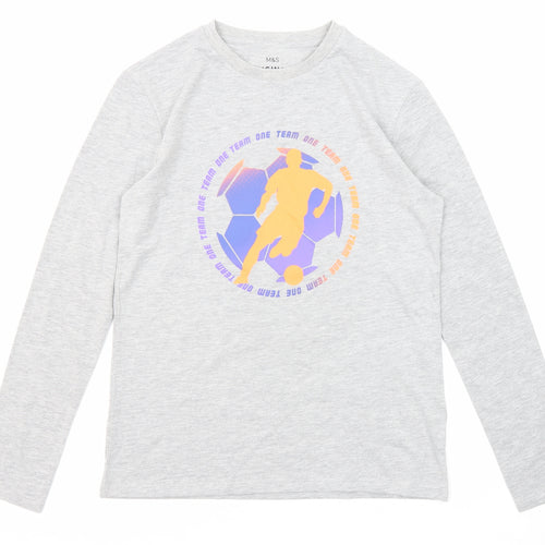 Marks and Spencer Boys Grey Cotton Pullover T-Shirt Size 12-13 Years Crew Neck Pullover - Football