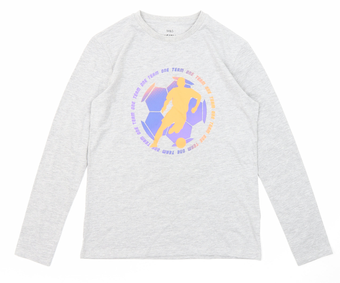Marks and Spencer Boys Grey Cotton Pullover T-Shirt Size 12-13 Years Crew Neck Pullover - Football