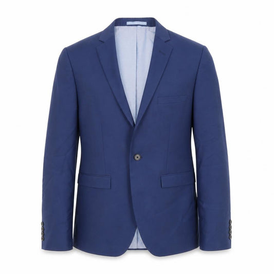 Front view of Burton men’s blue polyester jacket suit jacket, size 38, regular