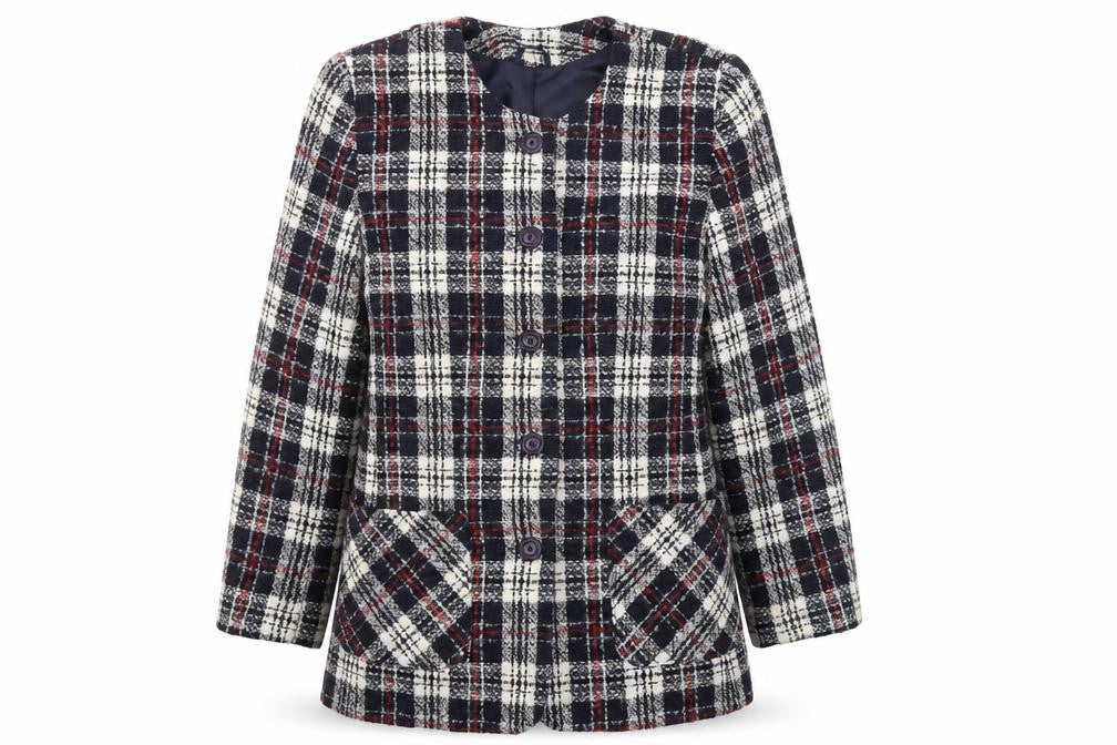 Front view of Debenhams women’s multicoloured plaid pea coat coat, size UK 14, button