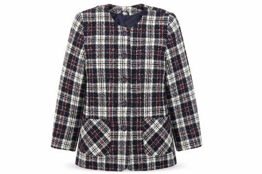 Front view of Debenhams women’s multicoloured plaid pea coat coat, size UK 14, button