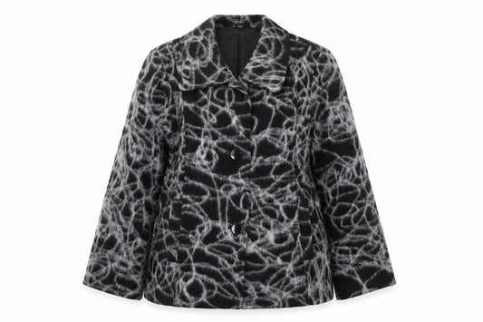 Front view of Finnkarelia women’s black geometric jacket, size UK 16, button