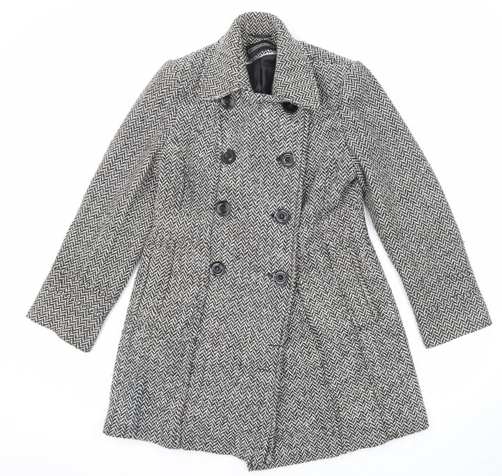 BHS Womens Black Geometric Pea Coat Coat Size 10 Button