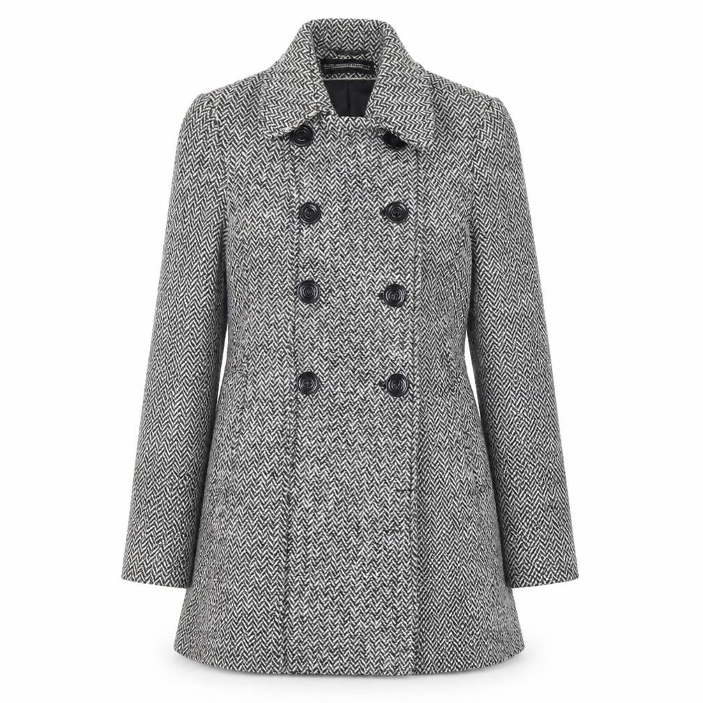 Front view of BHS women’s black geometric pea coat coat, size UK 10, button