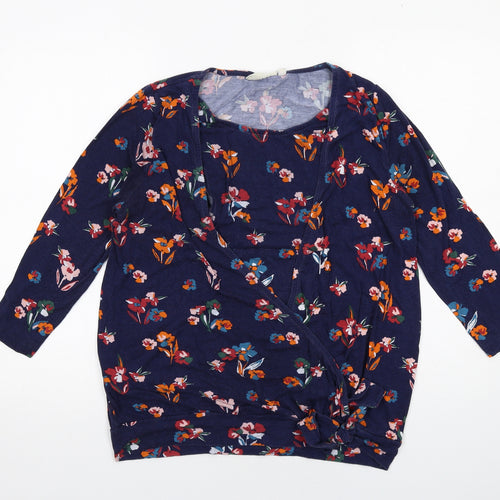 JoJo Maman Bébé Womens Blue Floral Viscose Basic Blouse Size M Round Neck