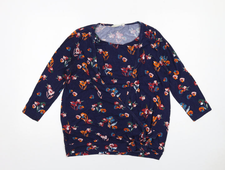 JoJo Maman Bébé Womens Blue Floral Viscose Basic Blouse Size M Round Neck