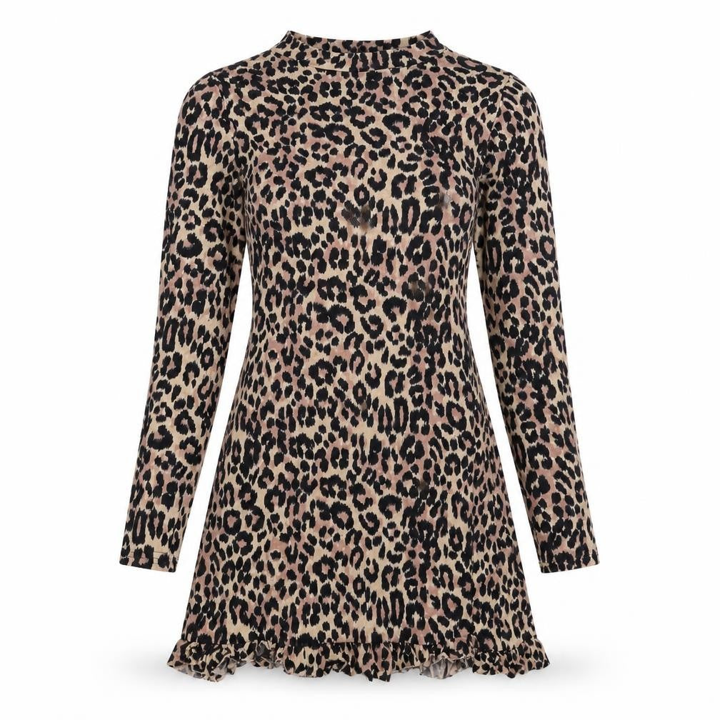 Front view of Boohoo women’s black animal print viscose a-line, size UK 8, round neck pullover - leopard pattern