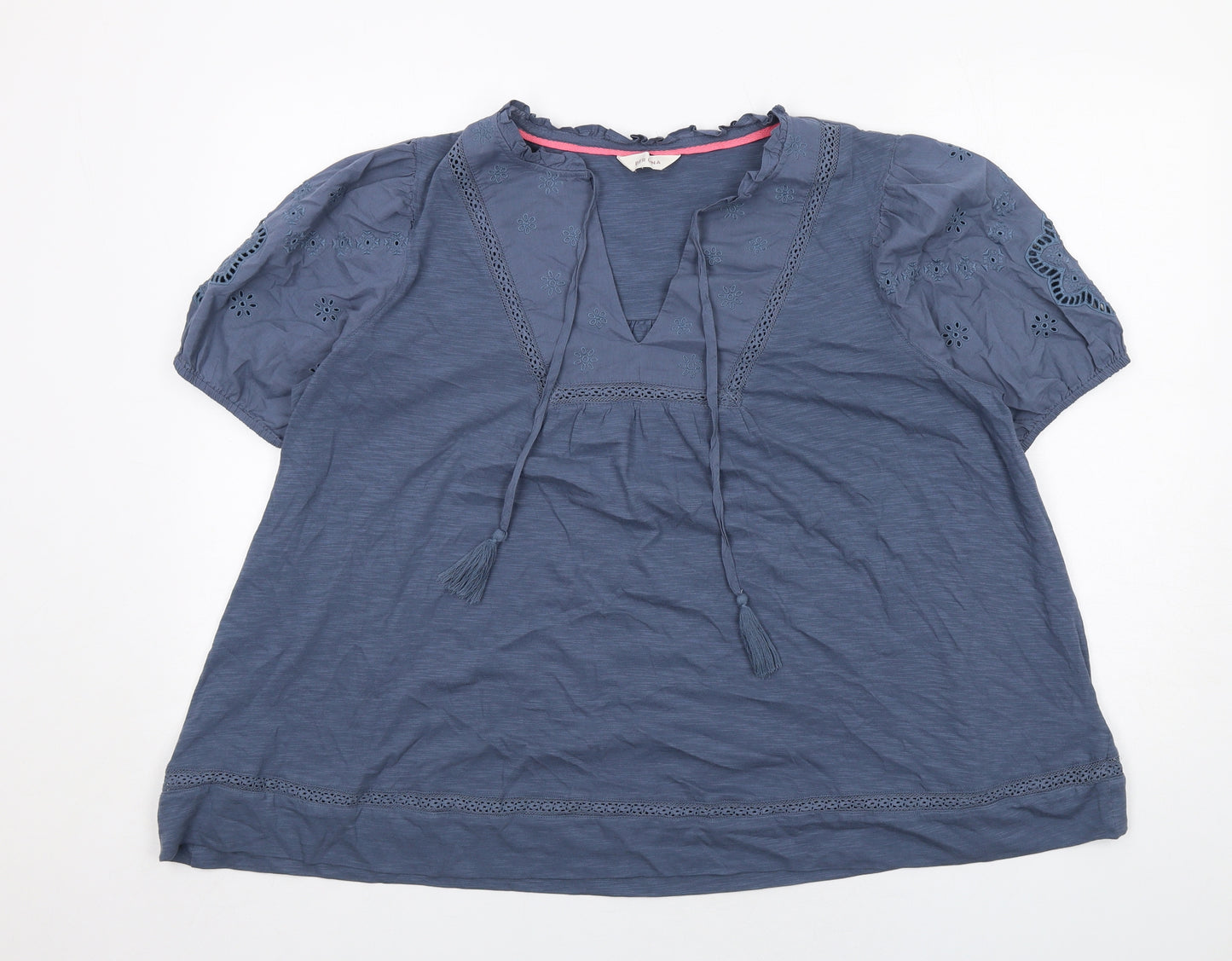 Per Una Womens Blue Cotton Basic Blouse Size 16 V-Neck - Broderie Anglaise