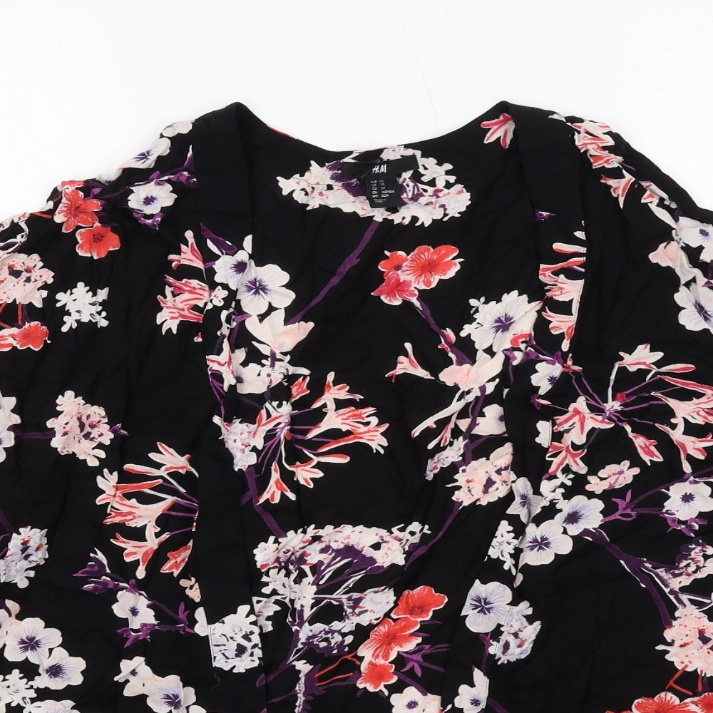 H&M Womens Black Floral Viscose Kimono Blouse Size XS V-Neck