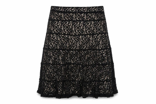 Front view of Marks & Spencer women’s black geometric polyamide swing skirt, size UK 12, zip