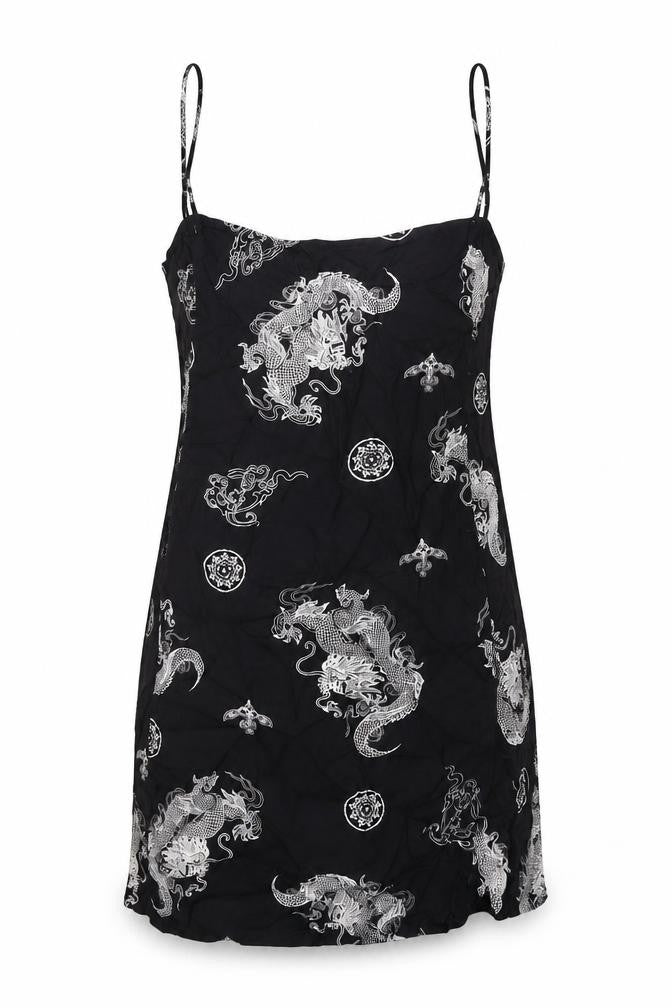 Front view of Motel Rocks women’s black geometric viscose mini, size M, square neck pullover