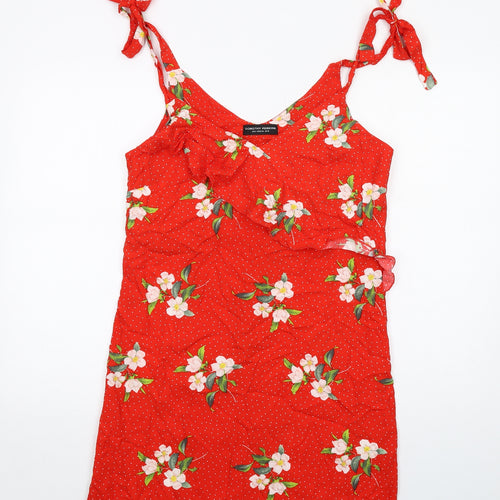 Dorothy Perkins Womens Red Floral Viscose Mini Size 10 V-Neck Pullover