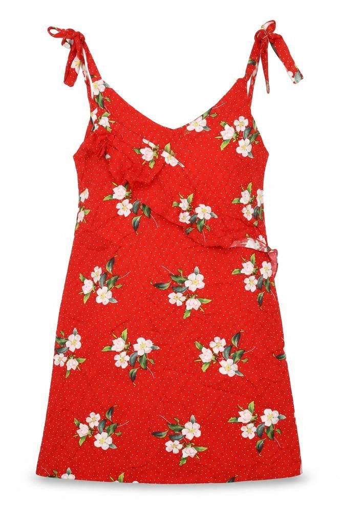 Front view of Dorothy Perkins women’s red floral viscose mini, size UK 10, v-neck pullover