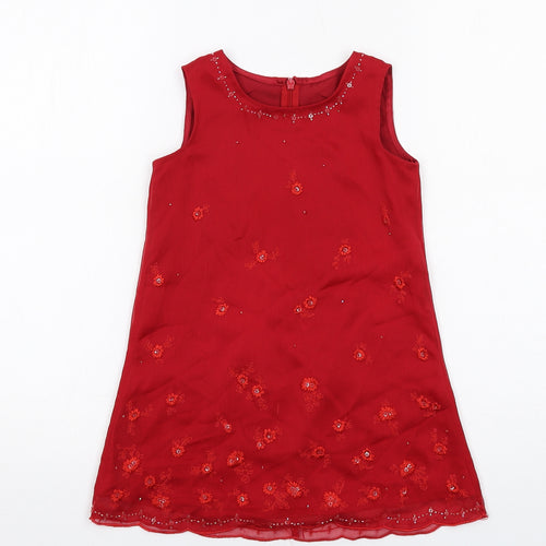 Marks and Spencer Girls Red Polyester A-Line Size 5 Years Boat Neck Zip - Floral Detail