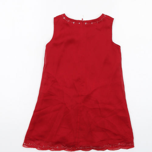 Marks and Spencer Girls Red Polyester A-Line Size 5 Years Boat Neck Zip - Floral Detail