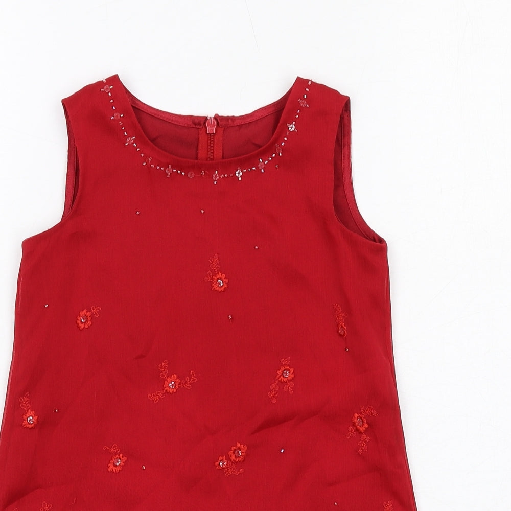 Marks and Spencer Girls Red Polyester A-Line Size 5 Years Boat Neck Zip - Floral Detail