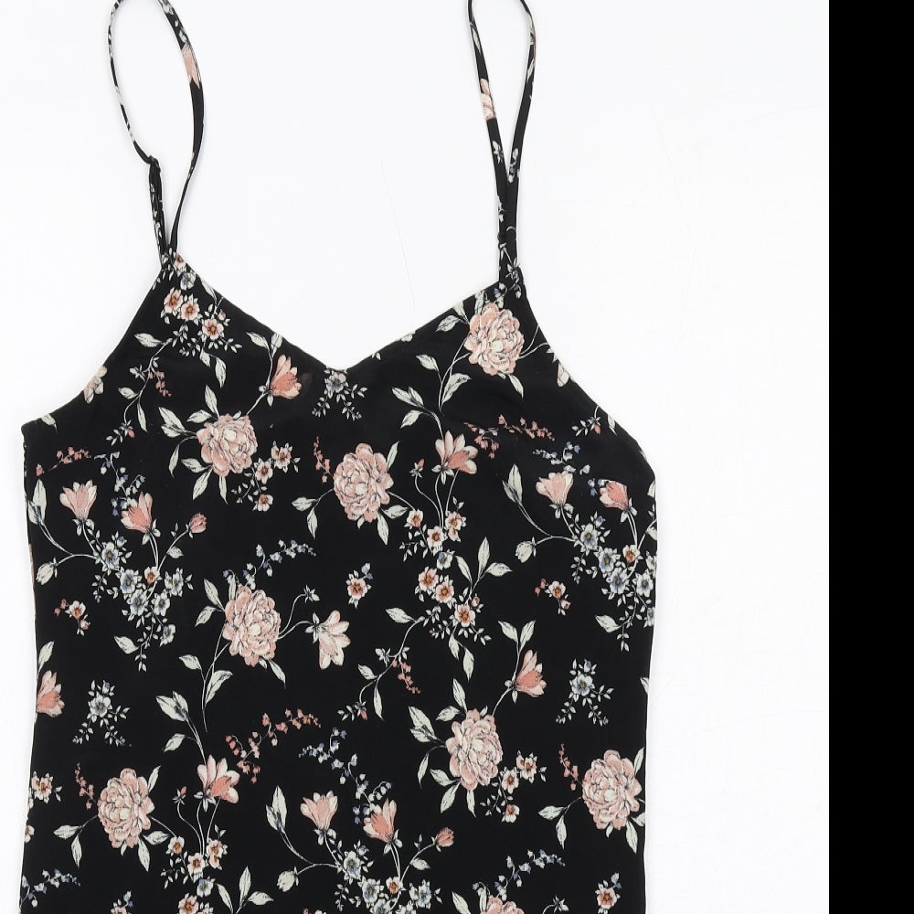 H&M Womens Black Floral Polyester Mini Size 10 V-Neck Pullover