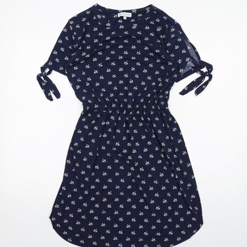 Warehouse Womens Blue Geometric Polyester A-Line Size 8 Round Neck Pullover - Swan pattern