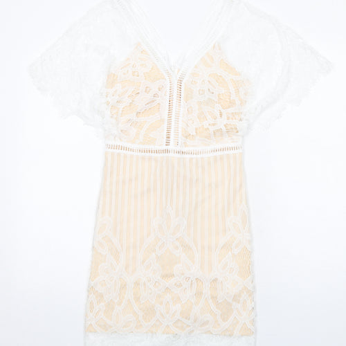 Boohoo Womens White Geometric Polyester A-Line Size 8 V-Neck Zip