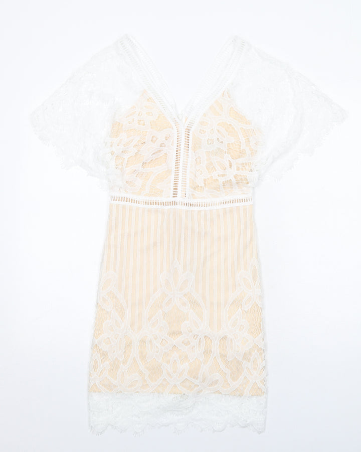 Boohoo Womens White Geometric Polyester A-Line Size 8 V-Neck Zip