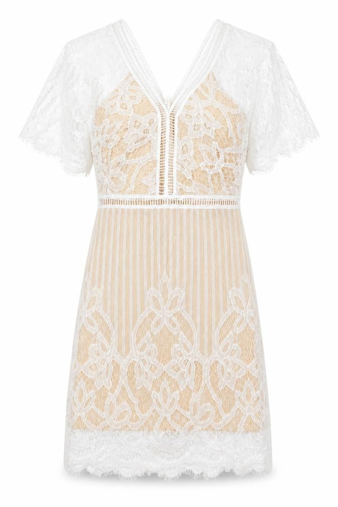 Front view of Boohoo women’s white geometric polyester a-line, size UK 8, v-neck zip