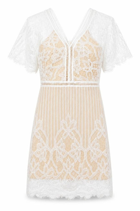 Front view of Boohoo women’s white geometric polyester a-line, size UK 8, v-neck zip