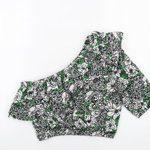 Topshop Womens Green Floral Cotton Cropped Blouse Size 16 One Shoulder
