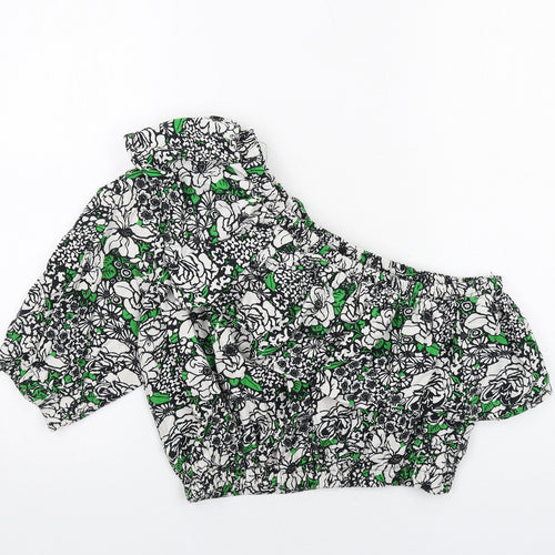 Topshop Womens Green Floral Cotton Cropped Blouse Size 16 One Shoulder