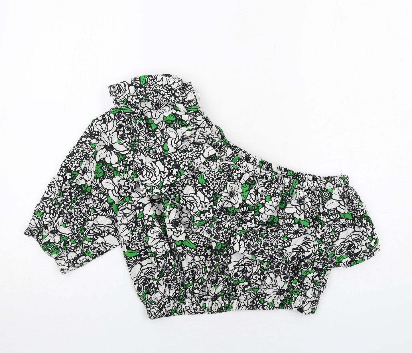 Topshop Womens Green Floral Cotton Cropped Blouse Size 16 One Shoulder