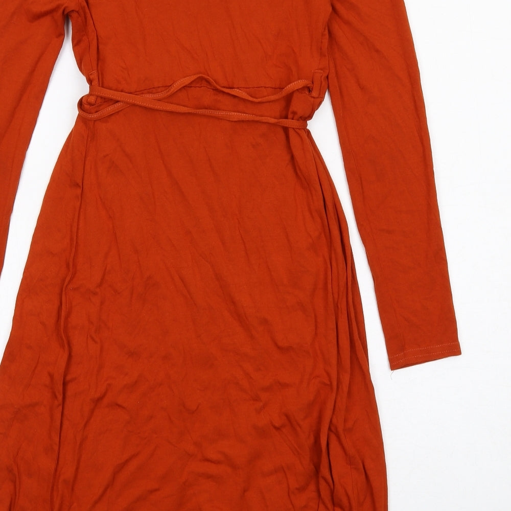 New Look Womens Orange Viscose Wrap Dress Size 10 V-Neck Tie