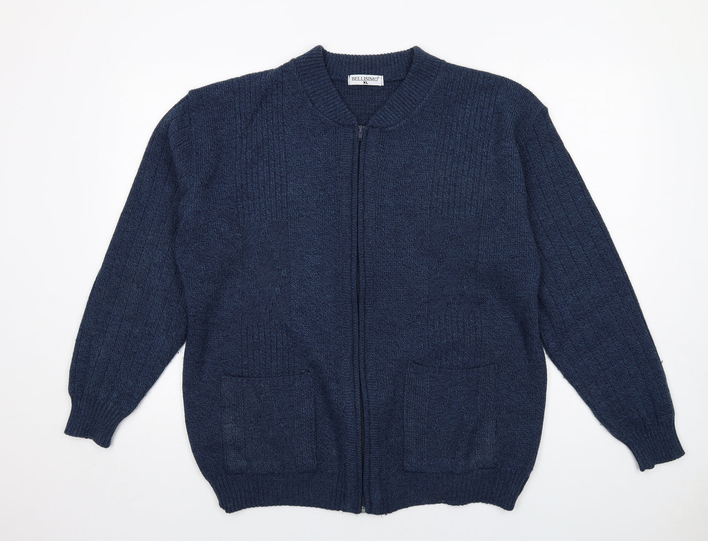 Bellisimo Mens Blue V-Neck Acrylic Full Zip Jumper Size XL Long Sleeve