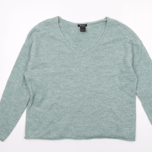 Maglia Womens Green V-Neck Acrylic Pullover Jumper Size XL